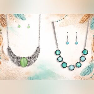 Vintage Boho Silver Filigree Necklace Set – Green Cat Eye Statement Jewelry